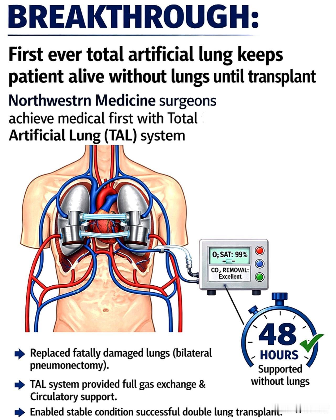 突破性进展：首个全人工肺让肺移植前的病人得以存活。美国西北大学医学院的外科医