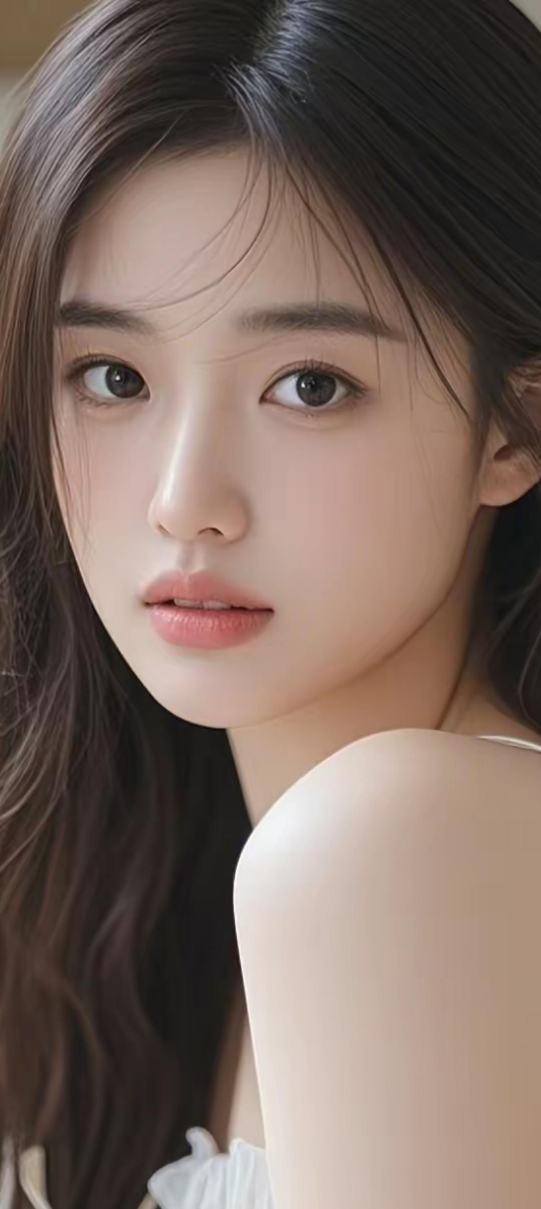 温柔甜美的少女，白皙肌肤，大眼睛，长发飘逸，清新自然。