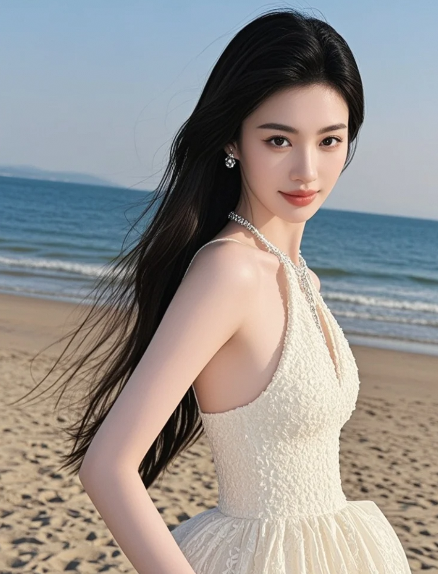阳光明媚的沙滩，长发女孩的笑容充满浪漫情感