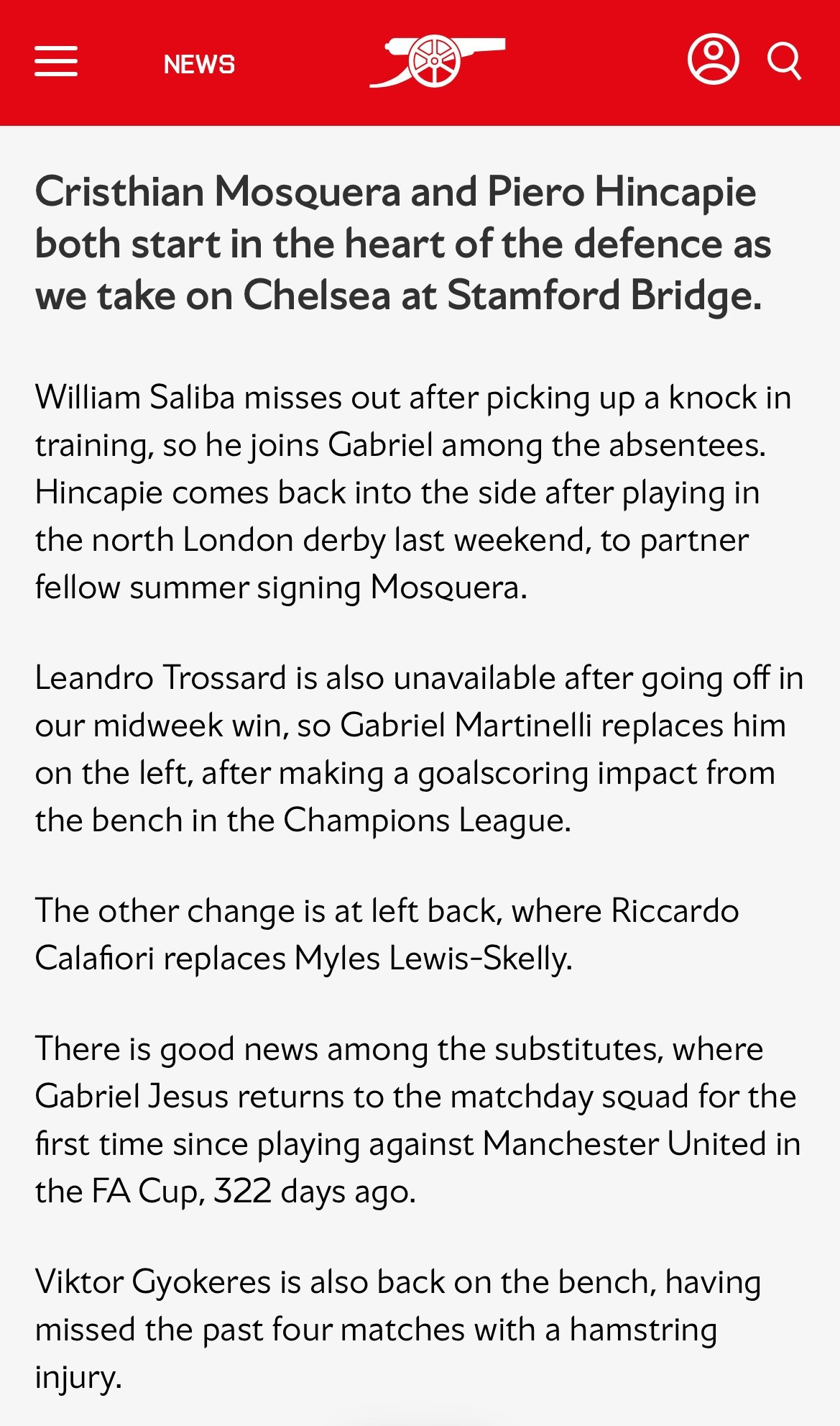 萨利巴没有进入比赛大名单，正印首发中卫搭档全部缺阵了。阿森纳官方消息：萨利巴在