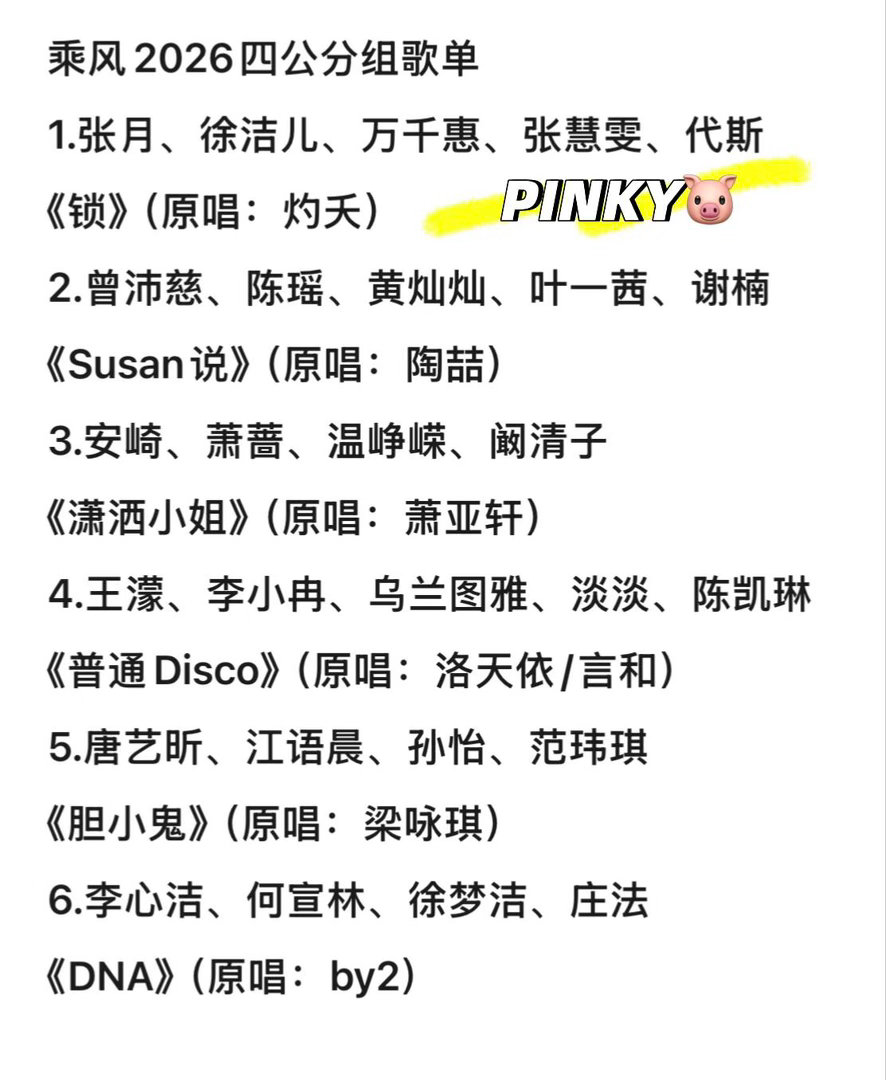 乘风2026/浪姐7·四公分组团秀歌单乘风2026四公分组歌单（团秀）1.张