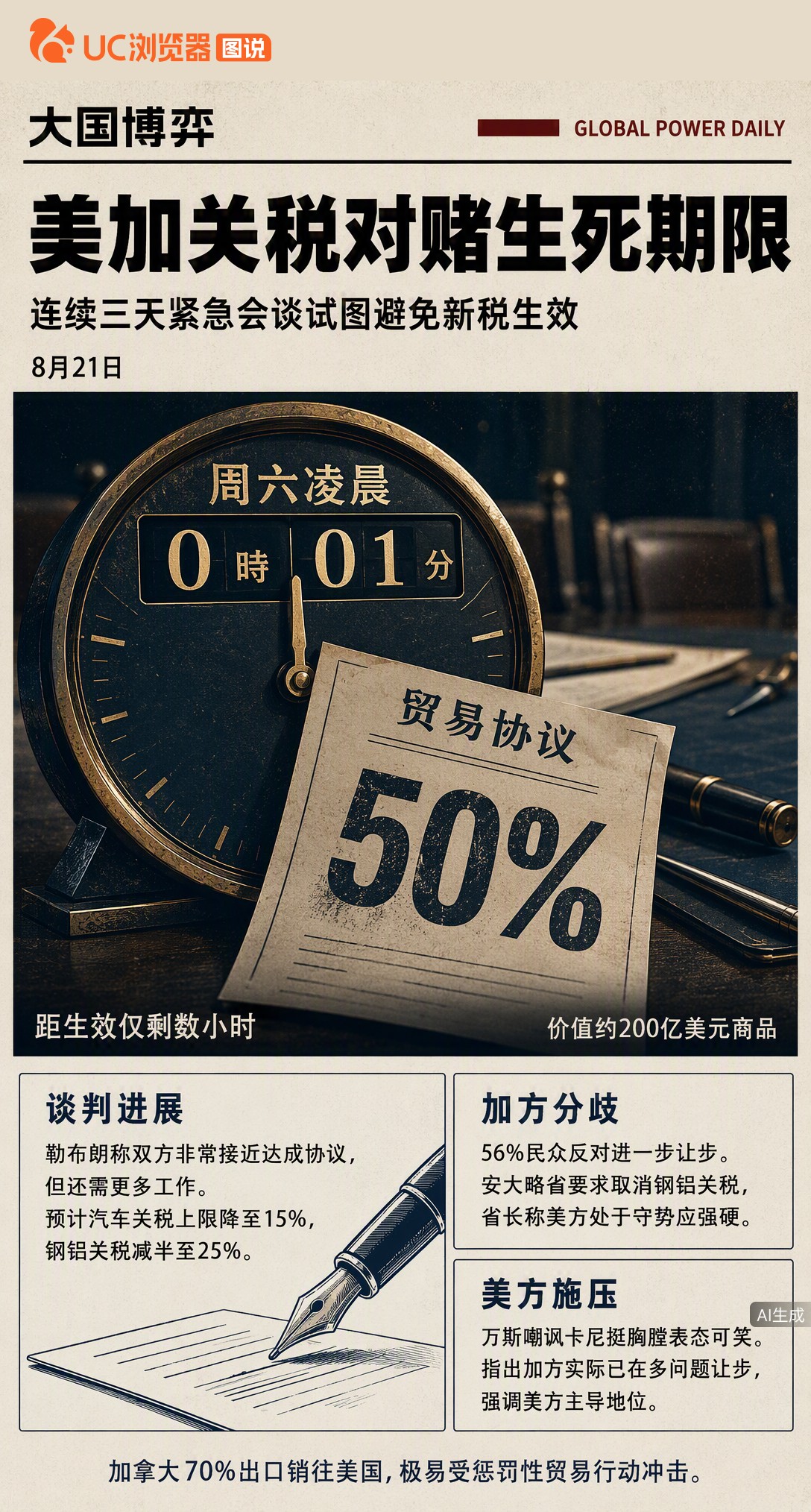 美加贸易谈判连谈三天抢在周六关税生效前冲刺，双方称“非常接近”但省长还在放狠话。即便谈成，56%加拿