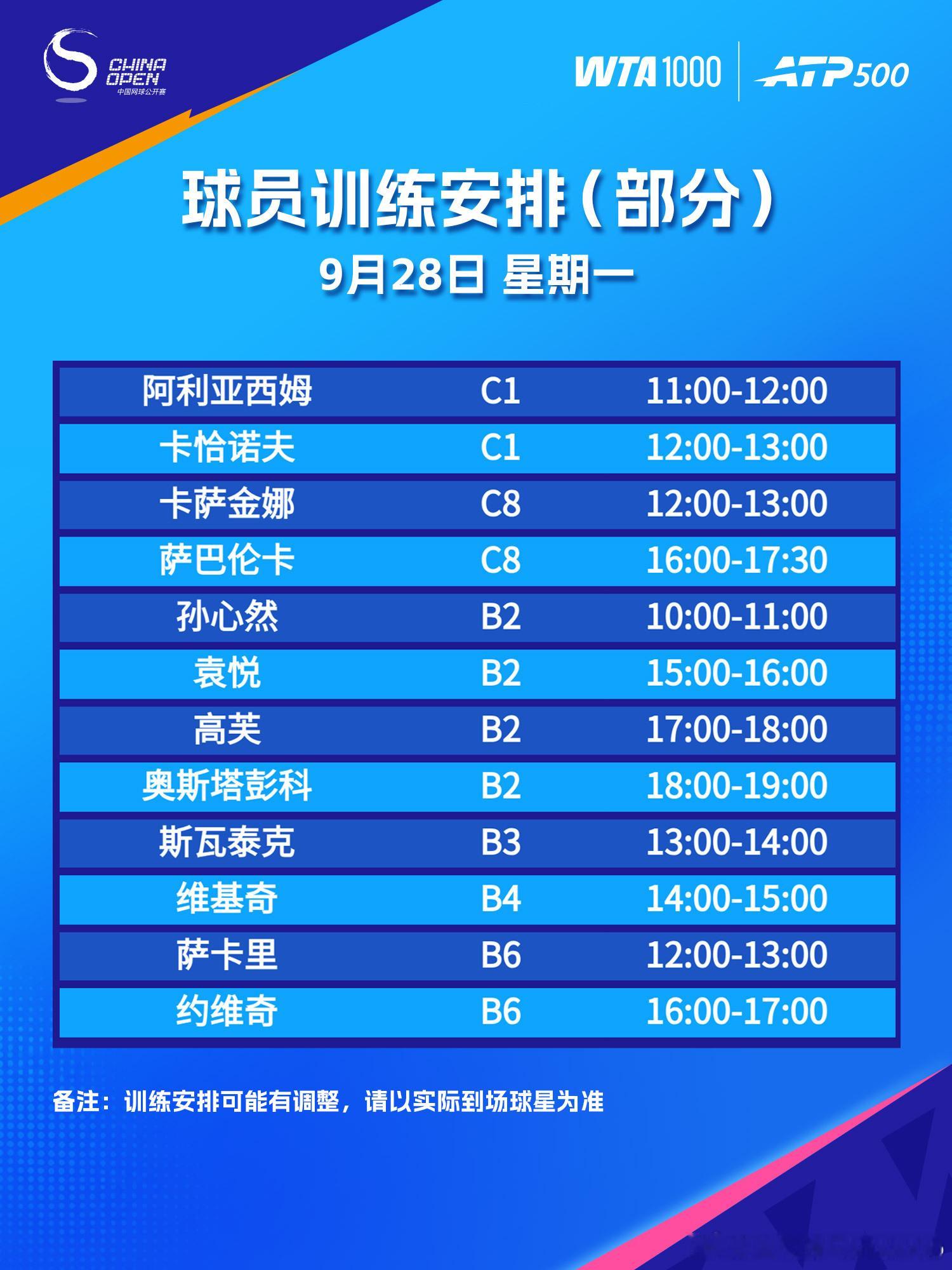 萨巴伦卡！！！来了？！？今日中网2026训练表，Aryna的训练课是公开时间的，