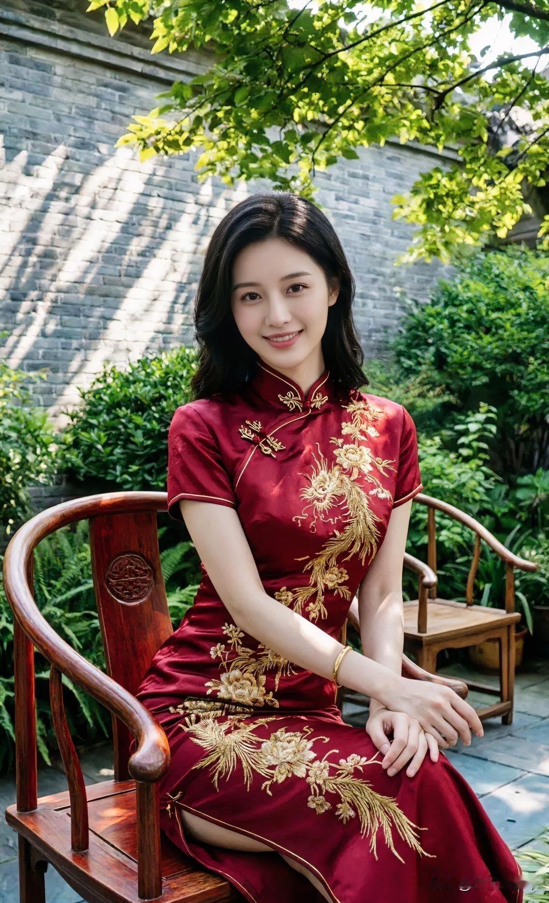 红绸绣金，裁出东方的韵。盘扣含情，锁住岁月的温。木椅承身，漫溢古典的魂。绿