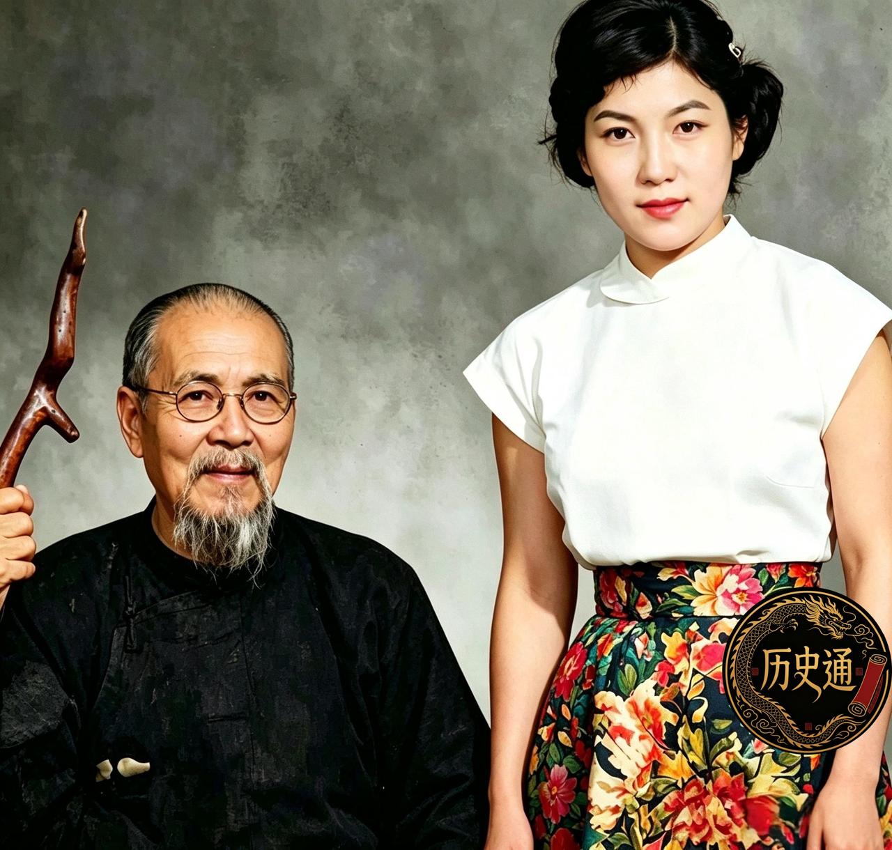 这是齐白石老人与徒弟、干女儿新凤霞。两人既是师徒关系，又是干父女关系。一九五二年