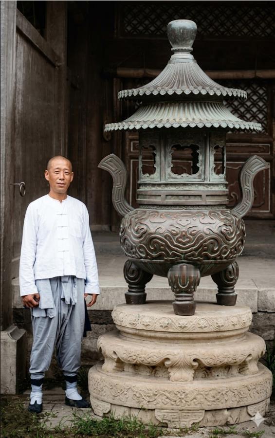 清末养心殿老照片，站在巨型铜炉旁的值守太监。这名值守太监身着素白粗布短衫、宽松