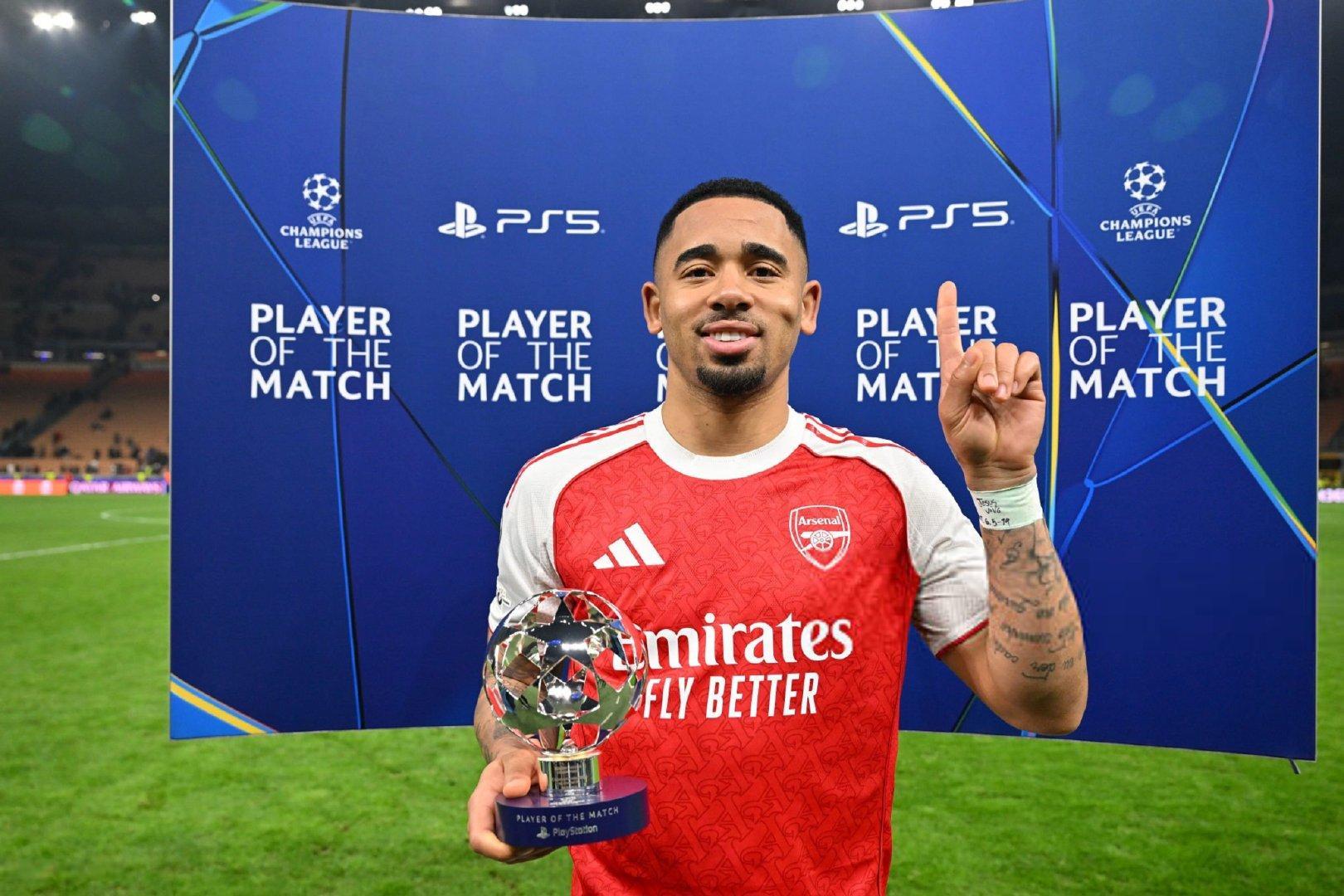 热苏斯被评为国际米兰vs阿森纳比赛的最佳球员🏆欧冠阿森纳