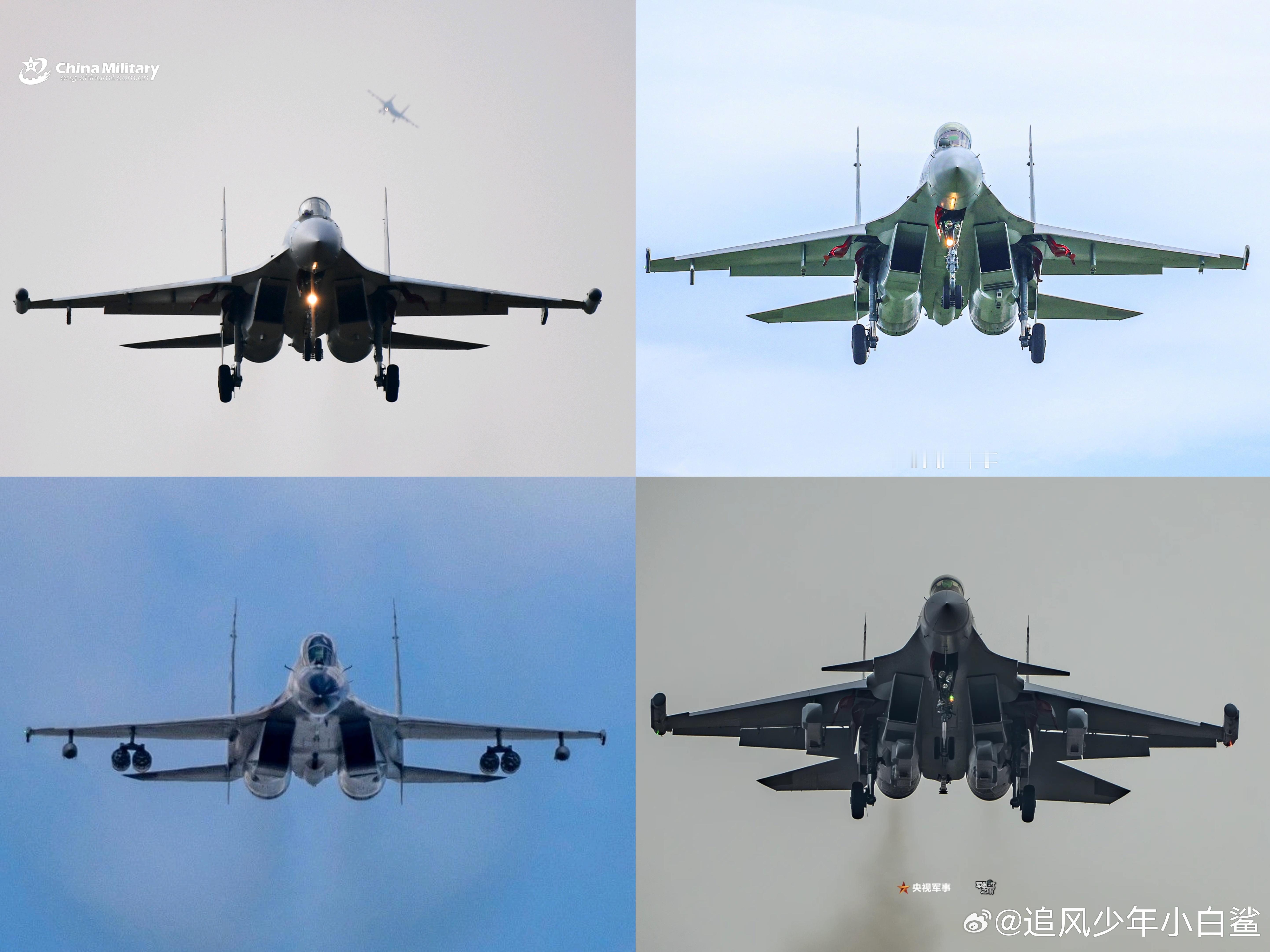 集齐侧卫在天上的正脸照，有点难度图片依次是苏-35SK、歼-16、歼-11BSH