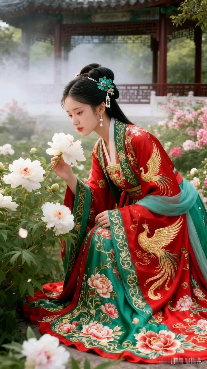 穿越千年的古典美人，在花海中轻嗅花香。