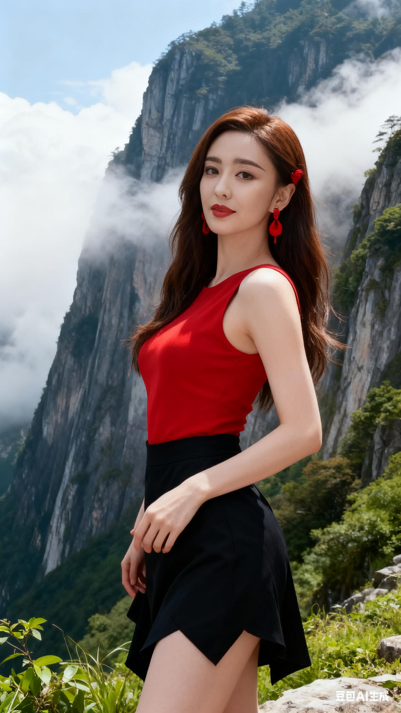 红裙黑裙，山间仙子，云海相伴，美不胜收。