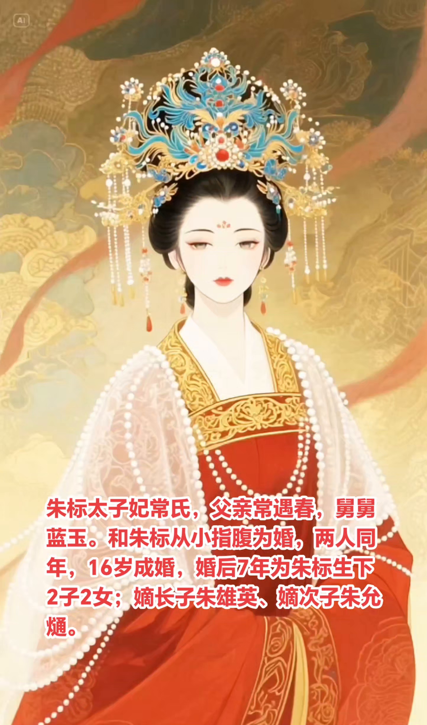 朱标太子妃常氏，父亲常遇春，舅舅蓝玉。和朱标从小指腹为婚，两人同年，16岁成婚，