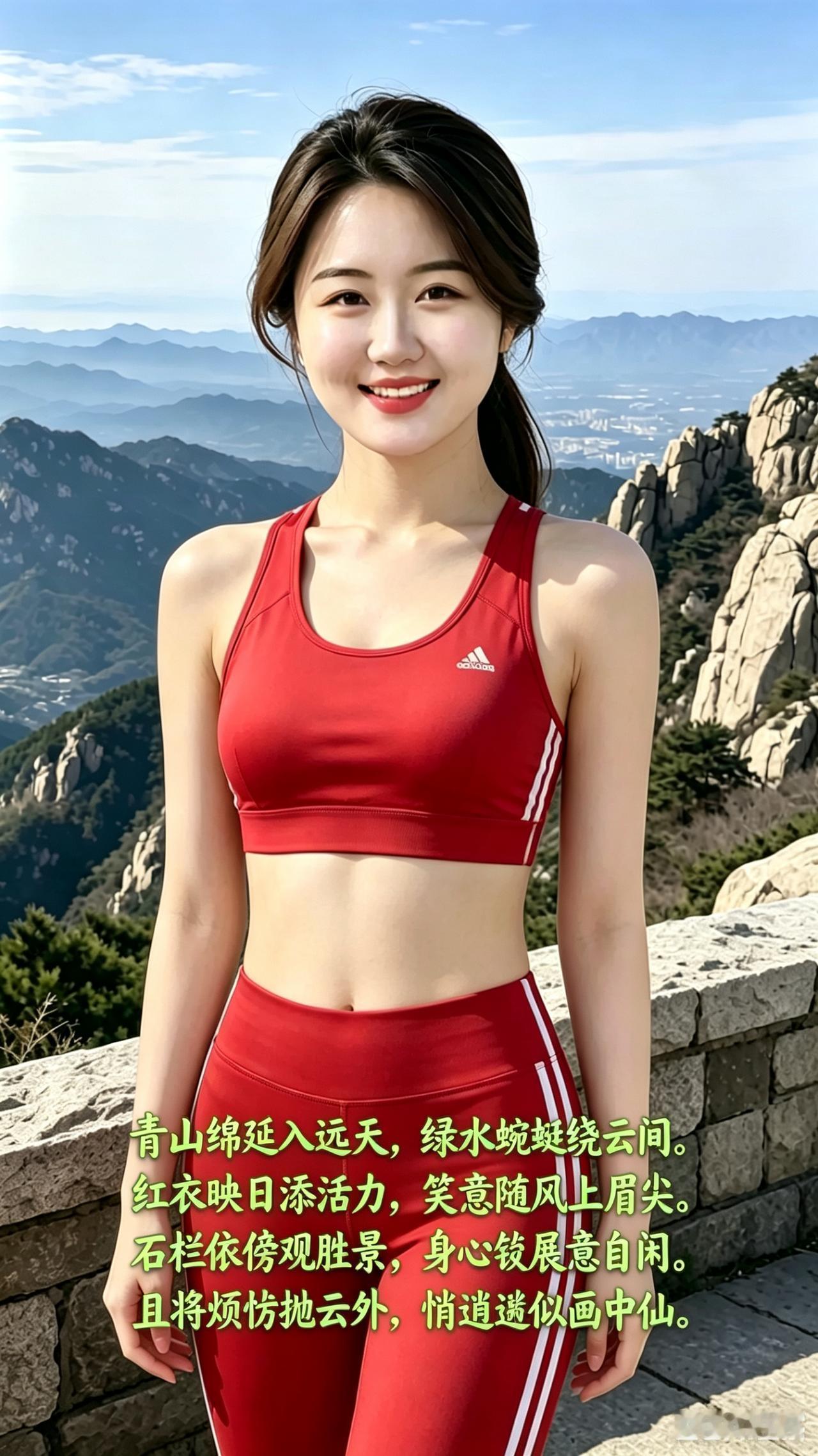 红衣映日添活力，笑意随风上眉尖。红衣映山花续诗表意