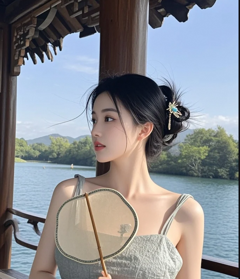 她站在湖边，像一幅会呼吸的水墨