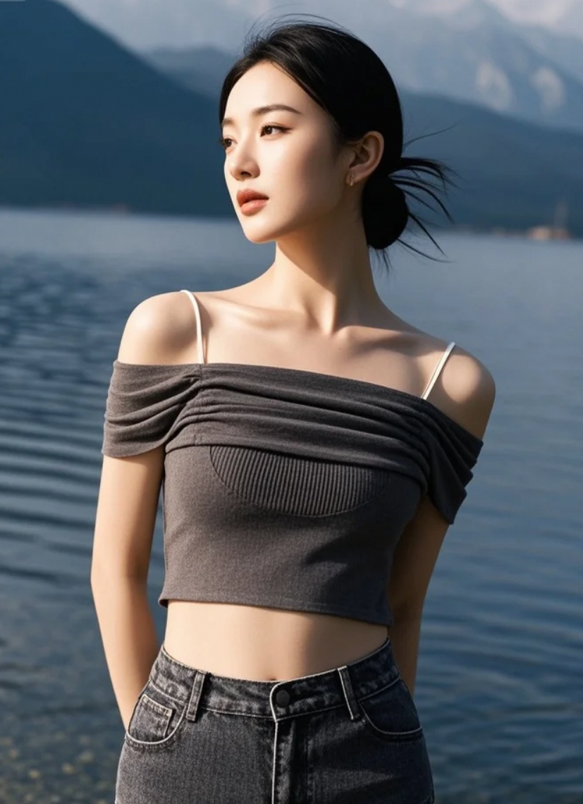 绝美！湖光潋滟，她一袭长裙立于水畔，美得让人窒息！