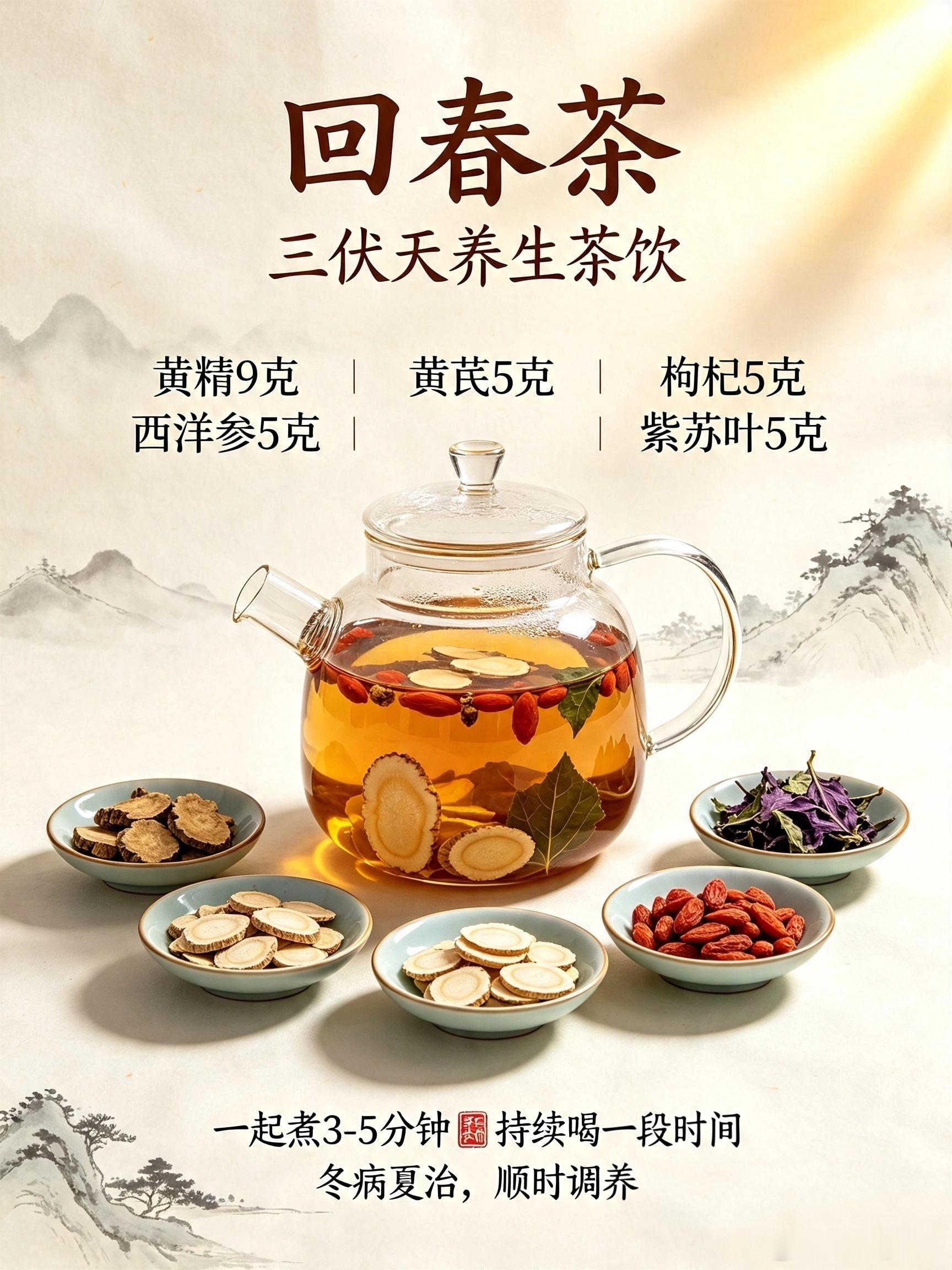 新版回春茶（加紫苏叶5g）完整解析一、全方配比黄精9g、西洋参5g、黄芪5g、枸