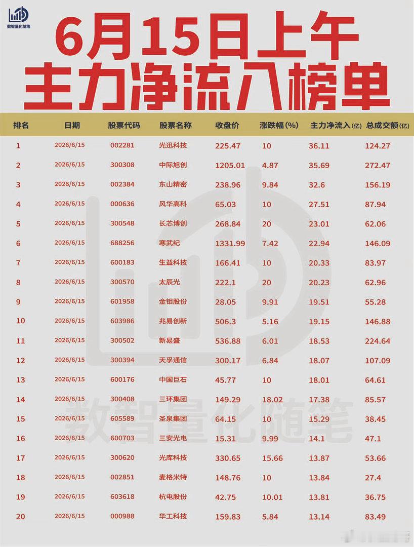 【6月15日上午主力资金榜单🔥】资金大幅流入半导体、光模块及军工方向，新能源及