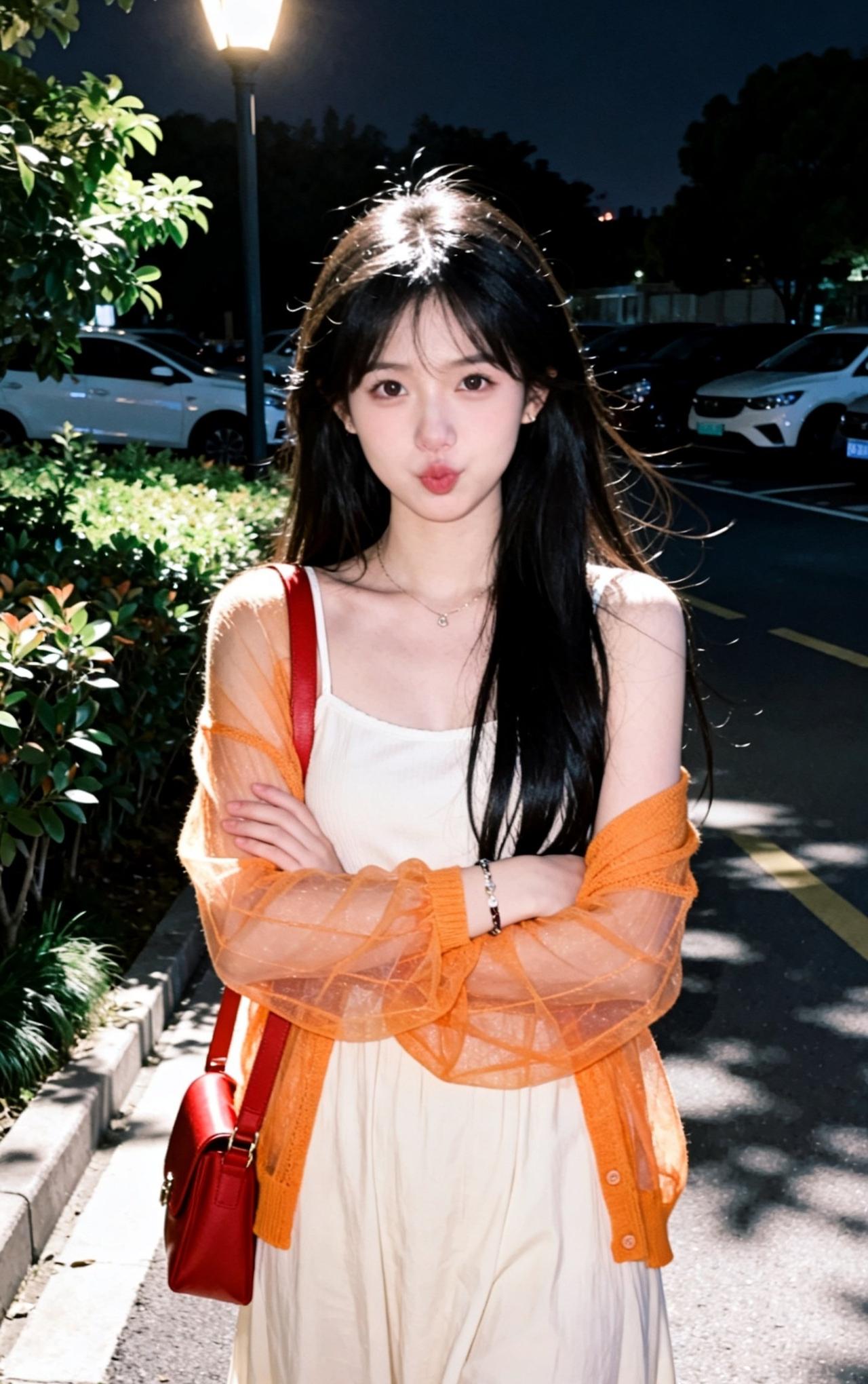 夜晚街头的甜美少女，红唇轻启，橙纱轻拂。分享甜美小姐姐随手拍街景美少女写真街