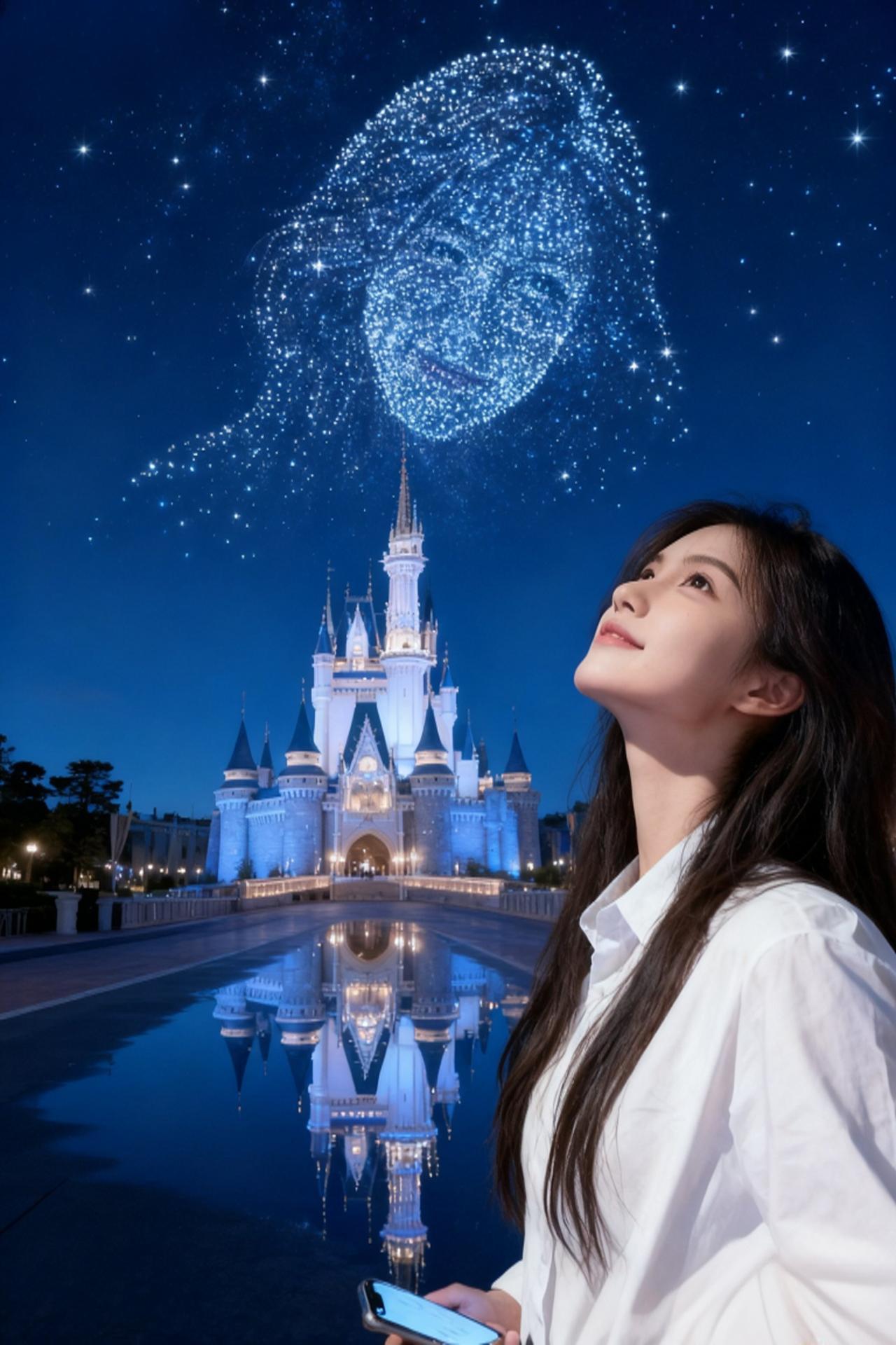 夜晚的城堡前，抬头看星空。