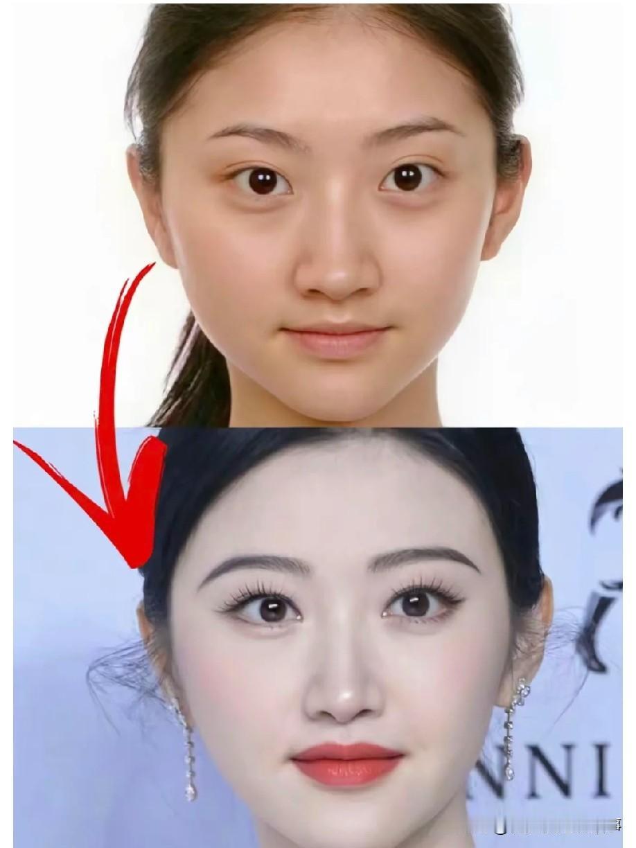 大家看看景甜的鼻子有变化吗？对比了素颜和化妆的图，她的眉毛没什么变化，只是