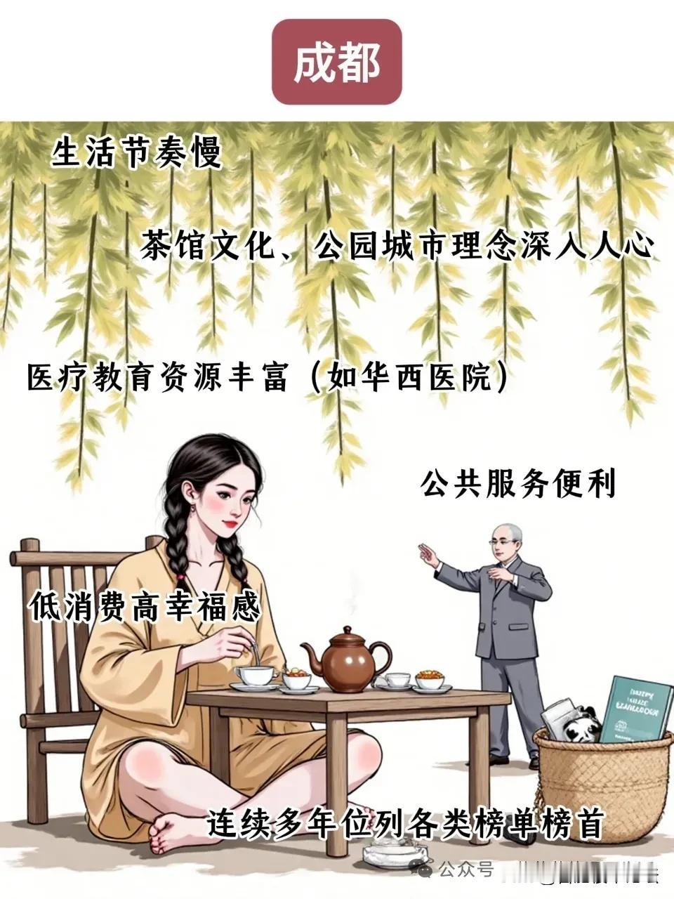 国内被公认的五个幸福感强的城市。成都以生活节奏慢，低消费为特点；杭州以互联网