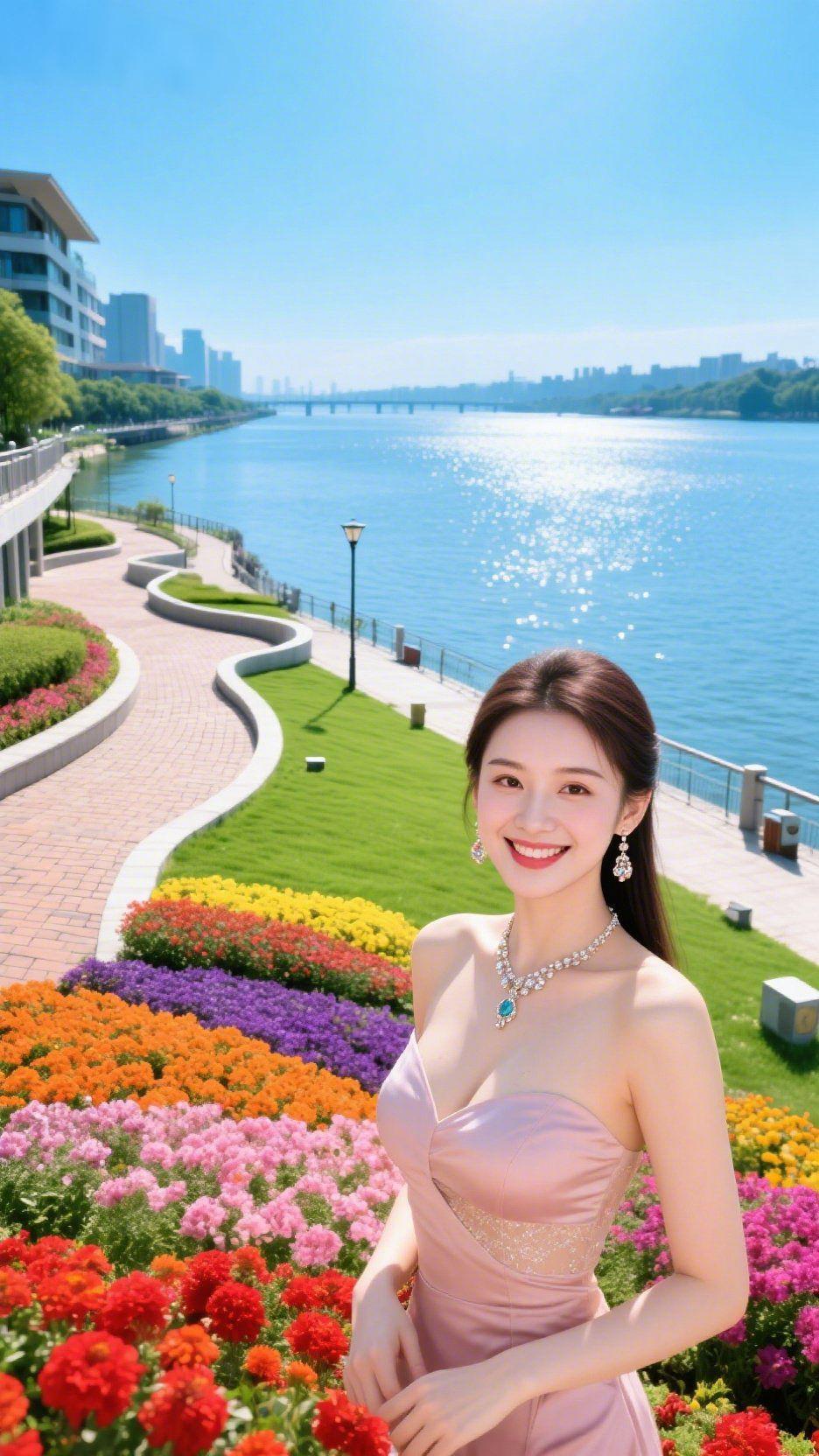 粉裙映江花绚烂江畔的晴空蓝得透亮，粼粼波光在江面铺成碎金，五彩花海沿着步道