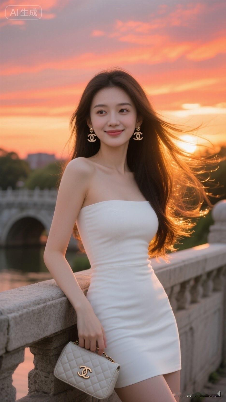 夕阳下的优雅少女，微笑着倚靠在桥边，美得如画。