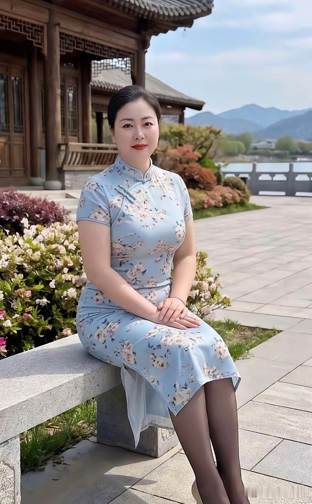 她坐在公园长椅上，穿着花裙子。