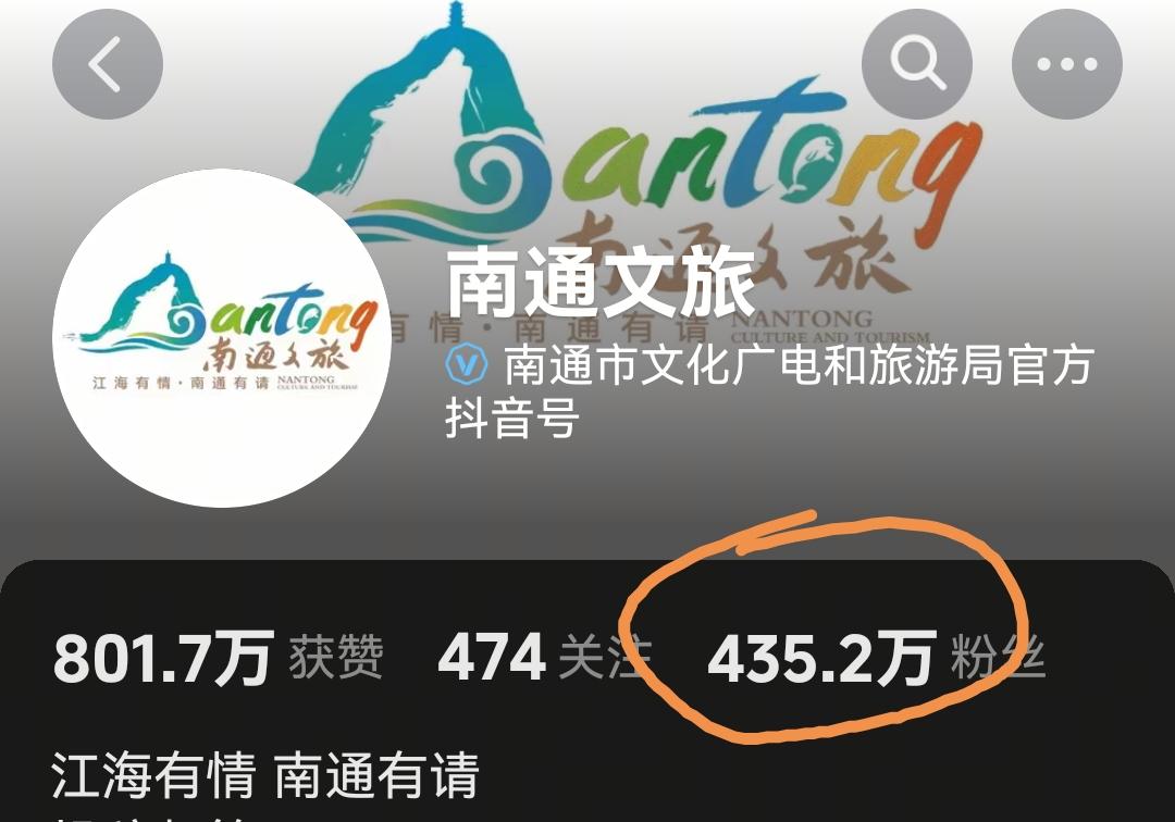 南通文旅短视频账号竟然从几十万粉丝暴涨到了435万粉丝，短短一两天时间就涨了四百