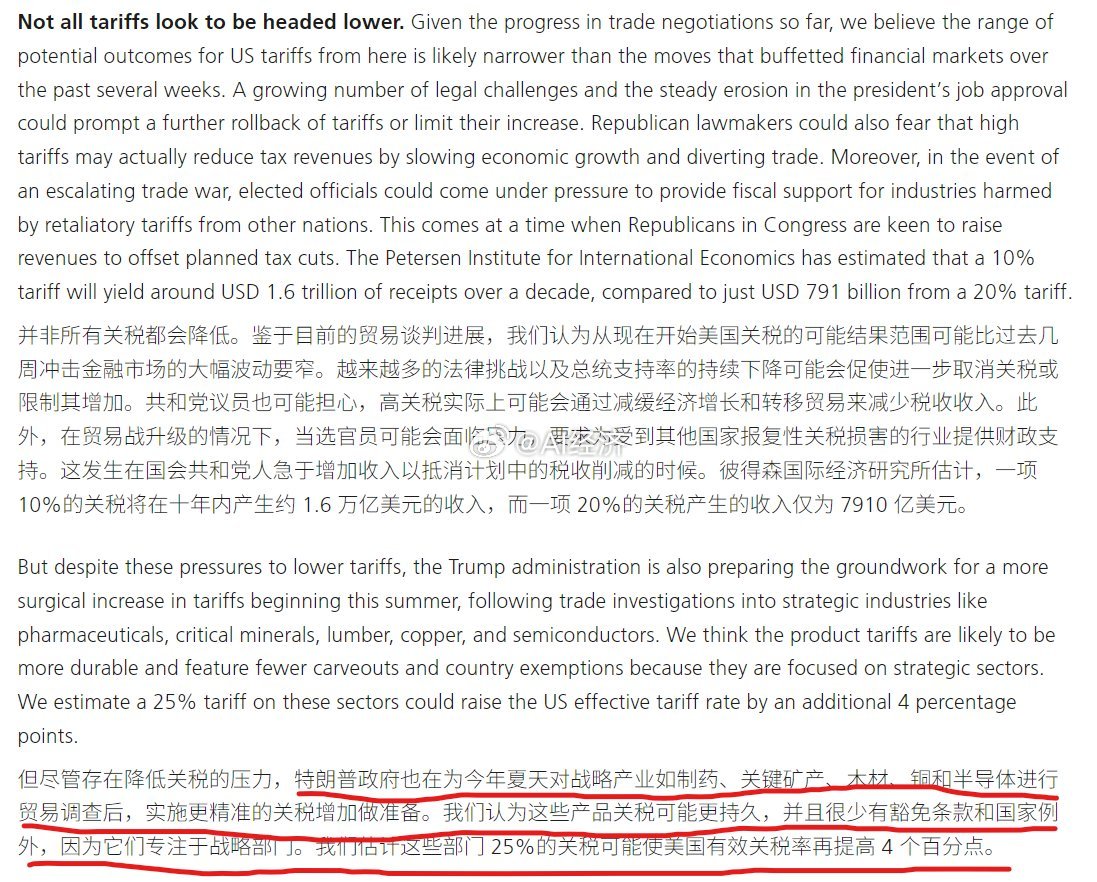 瑞银说特朗普正在准备今年夏天实施新一轮关税，这波是对战略产业如制药、关键矿产、木