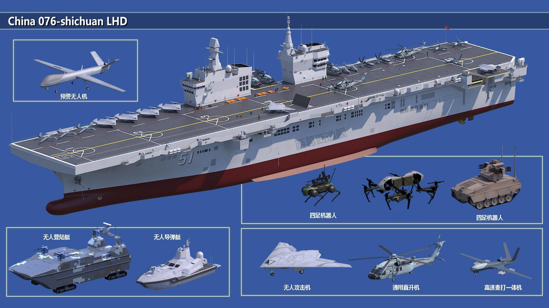 攻击-21首次现身076两栖舰甲板，看来很快就要弹射无人机了！近日，在076两栖