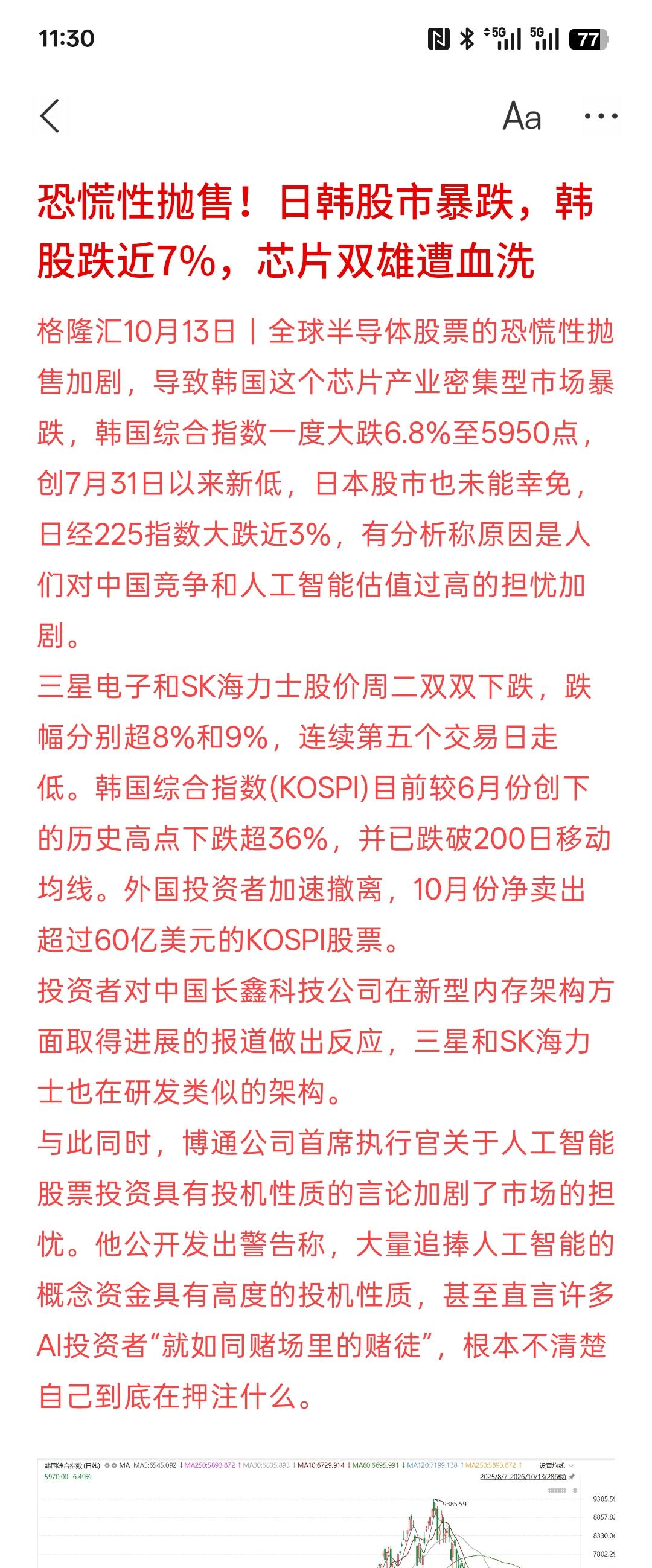 股市受到重挫，芯片半导体，整体全部下跌，不管是A股还是港股还是韩国股市，都处于下