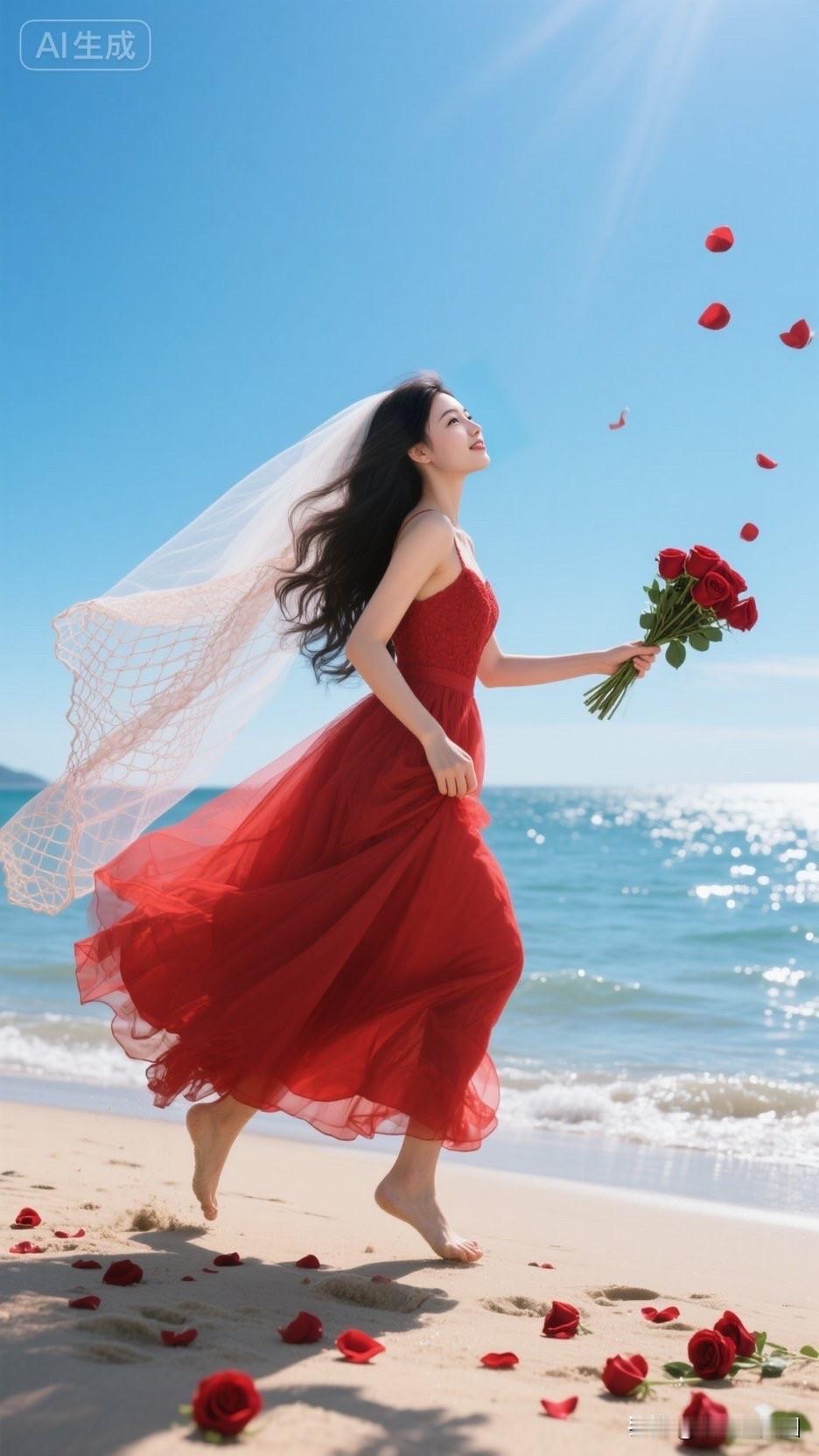 海边奔跑的少女，红裙飘飘，玫瑰相伴，自由自在，心旷神怡。