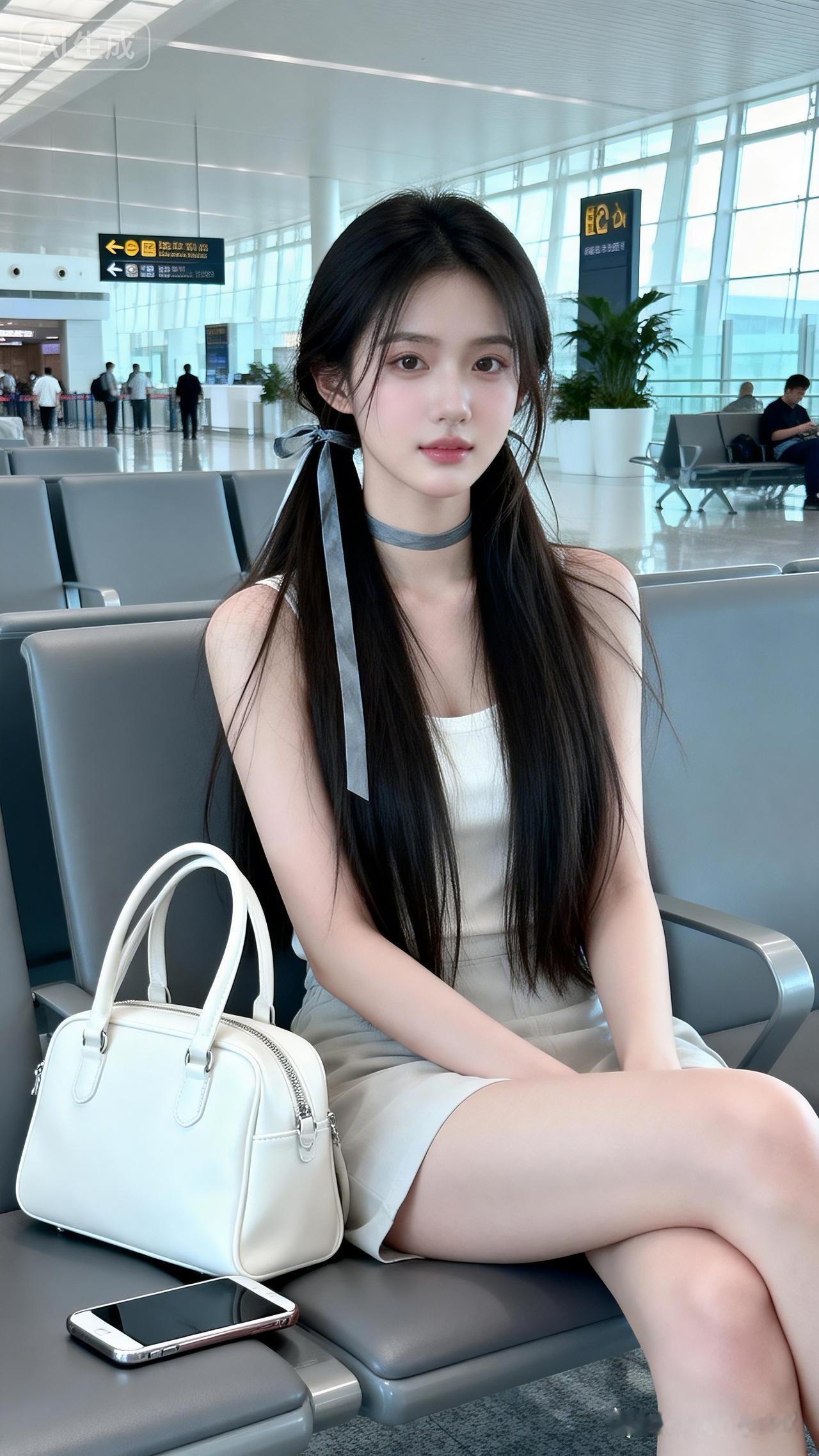 候机厅内娇小美女坐灰椅，黑长直束带蓬松垂肩、几缕拂面，妆容自然，肤白光滑水润，神