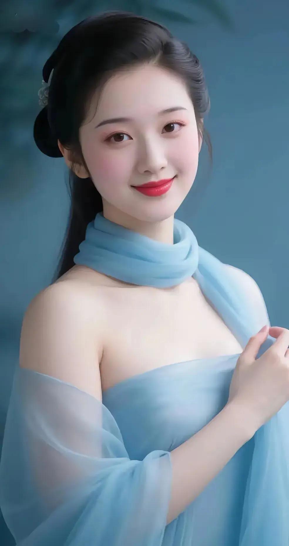 眉含远山三分雪；口若丹寇一点红。