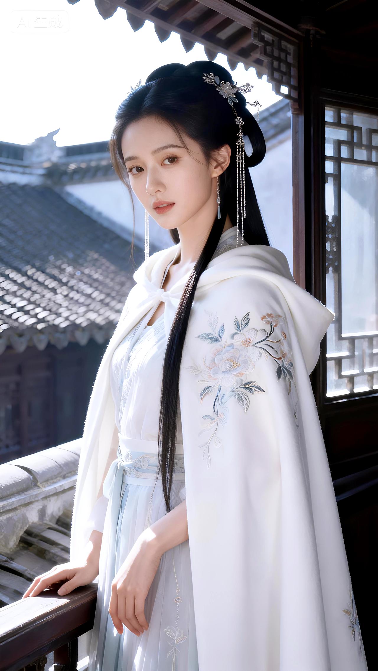 倚阁听雪玉絮扬，琼芳漫缀素罗裳。豆包壁纸写真