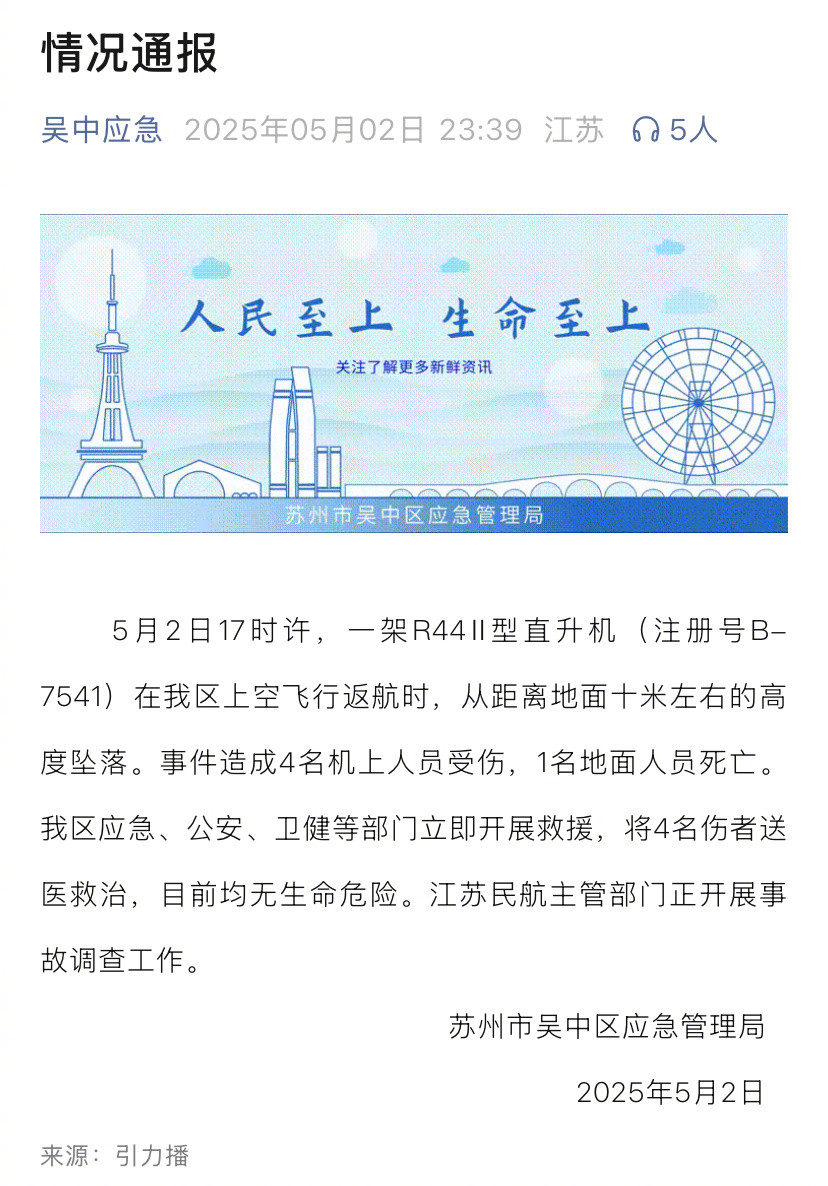 【#苏州一直升机坠落致1死4伤#】5月2日晚间，苏州市吴中区应急管理局发布通告：