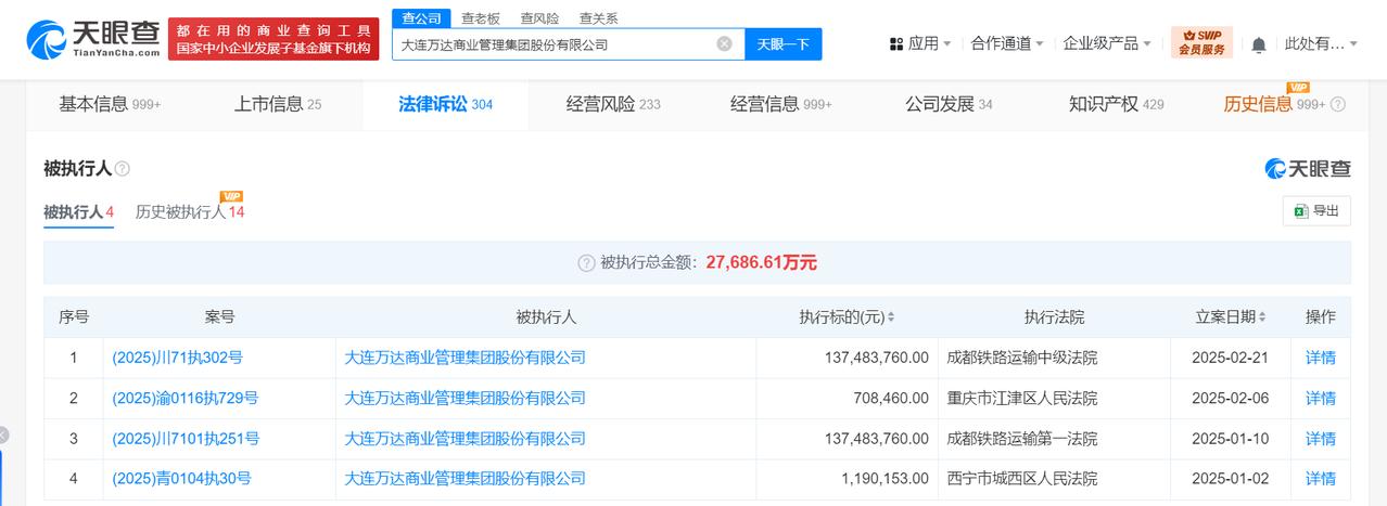 大连万达商管等被执行1.37亿天眼查法律诉讼信息显示，近日，大连万达商业管理集
