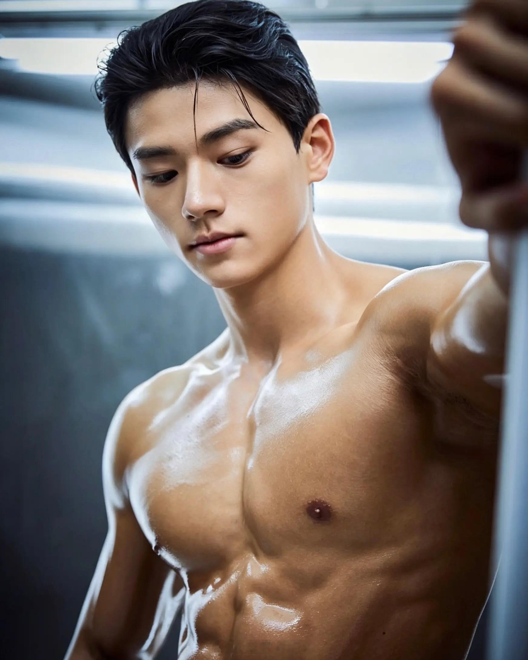 型男帅哥窝肌肉型男，胸肌饱满，巧克力腹肌超棒……[点赞]