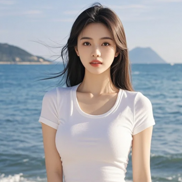 海边的日落时分，她的倩影令人沉醉