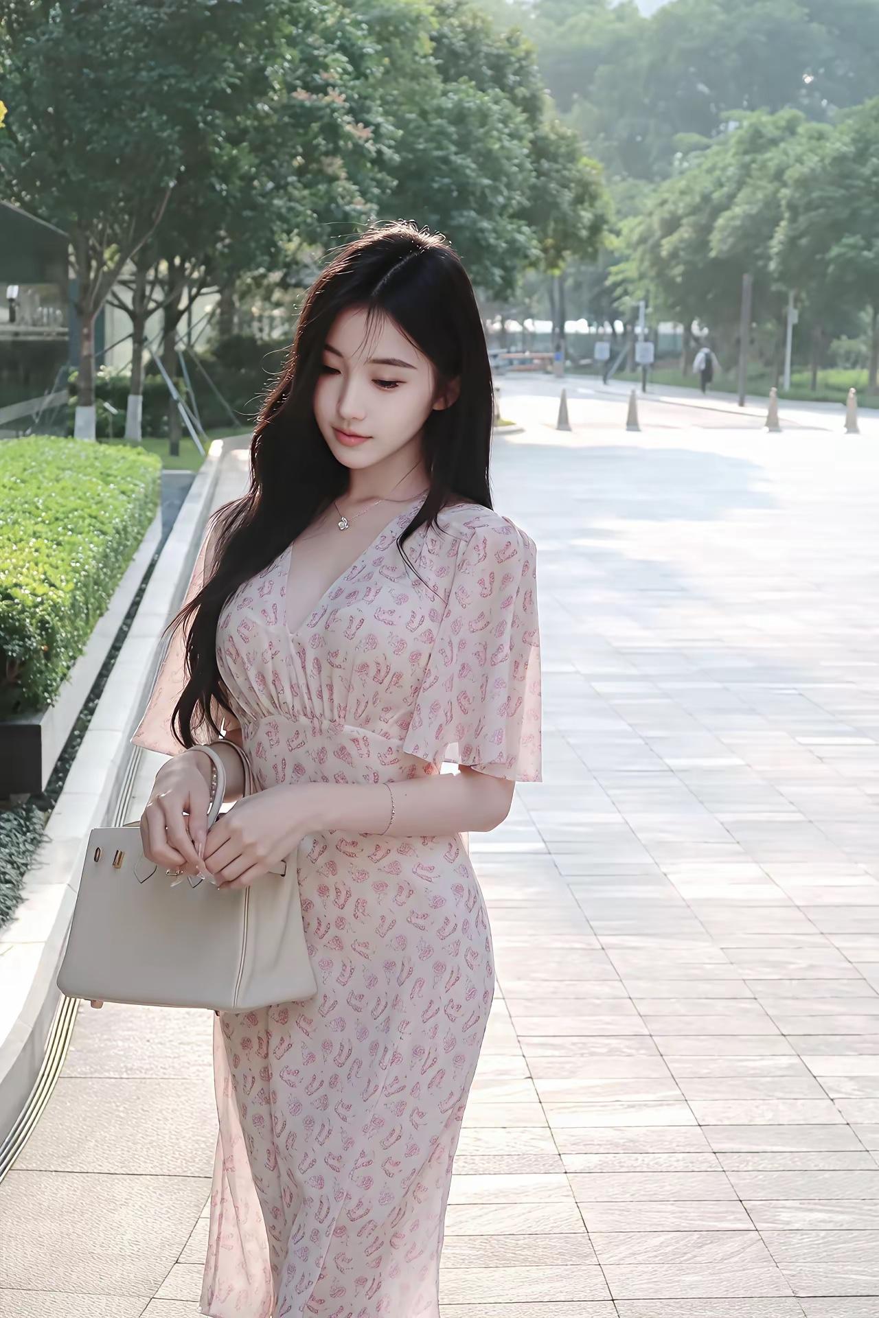 优雅漫步在绿意盎然的公园，粉色连衣裙与自然景色相得益彰。