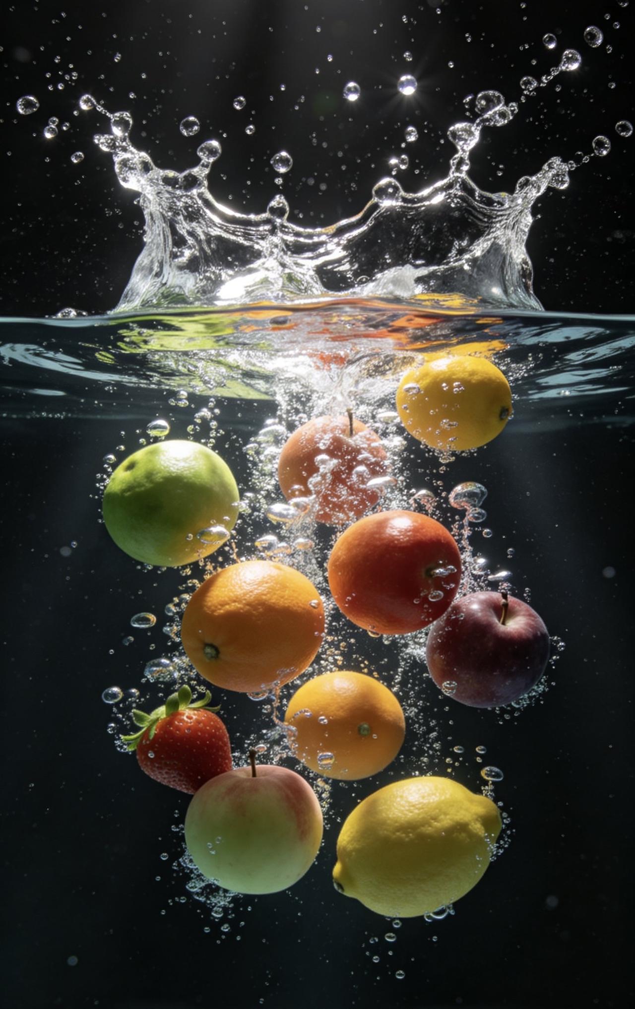 精美壁纸（714）🌈📝黑色简洁背景下，各色完整新鲜水果接连坠入清透水中。高