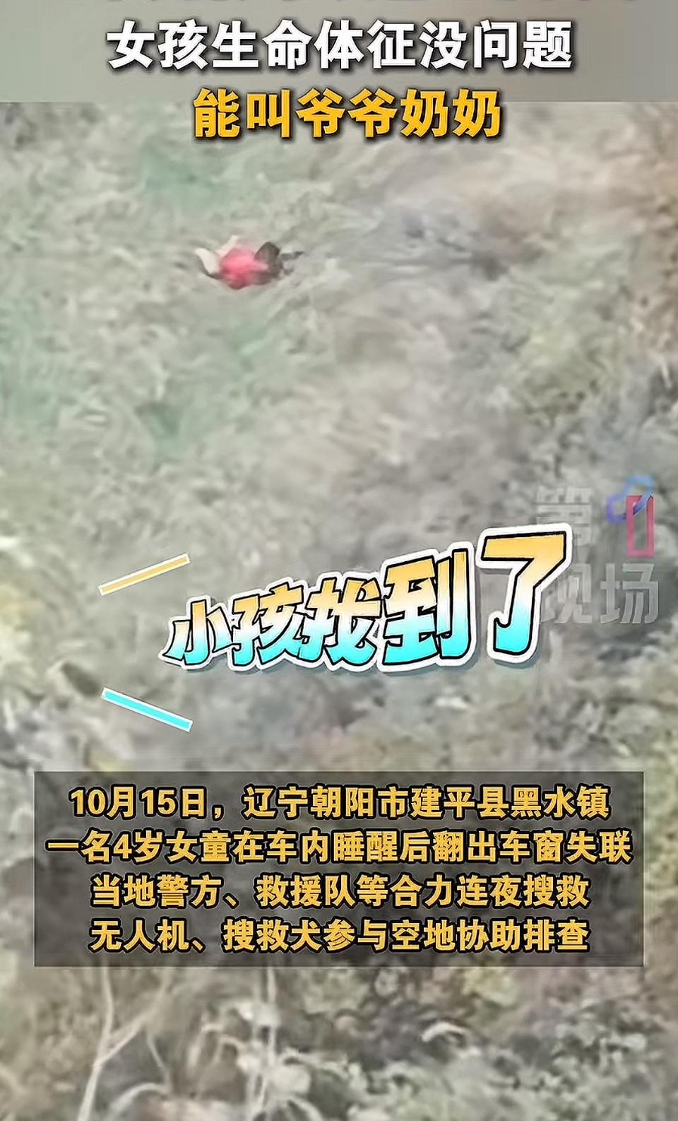 辽宁失踪的4岁女童已经找到了，还活着，没什么大碍，据女童自己说是摔到了，就在山附