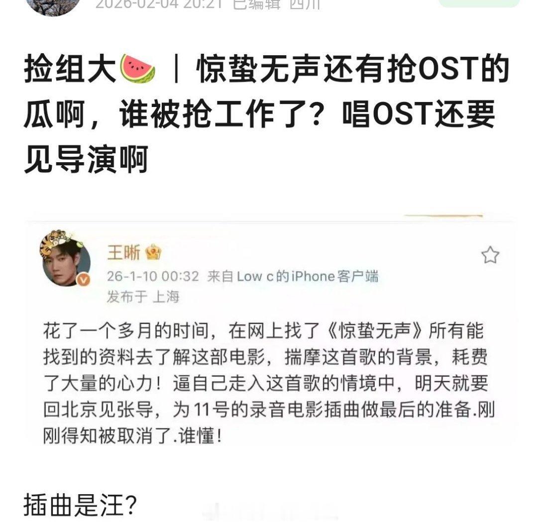 王晰说自己耗费大量精力揣摩惊蛰无声的插曲，在见导演前工作没了，现在唱的是汪苏泷，