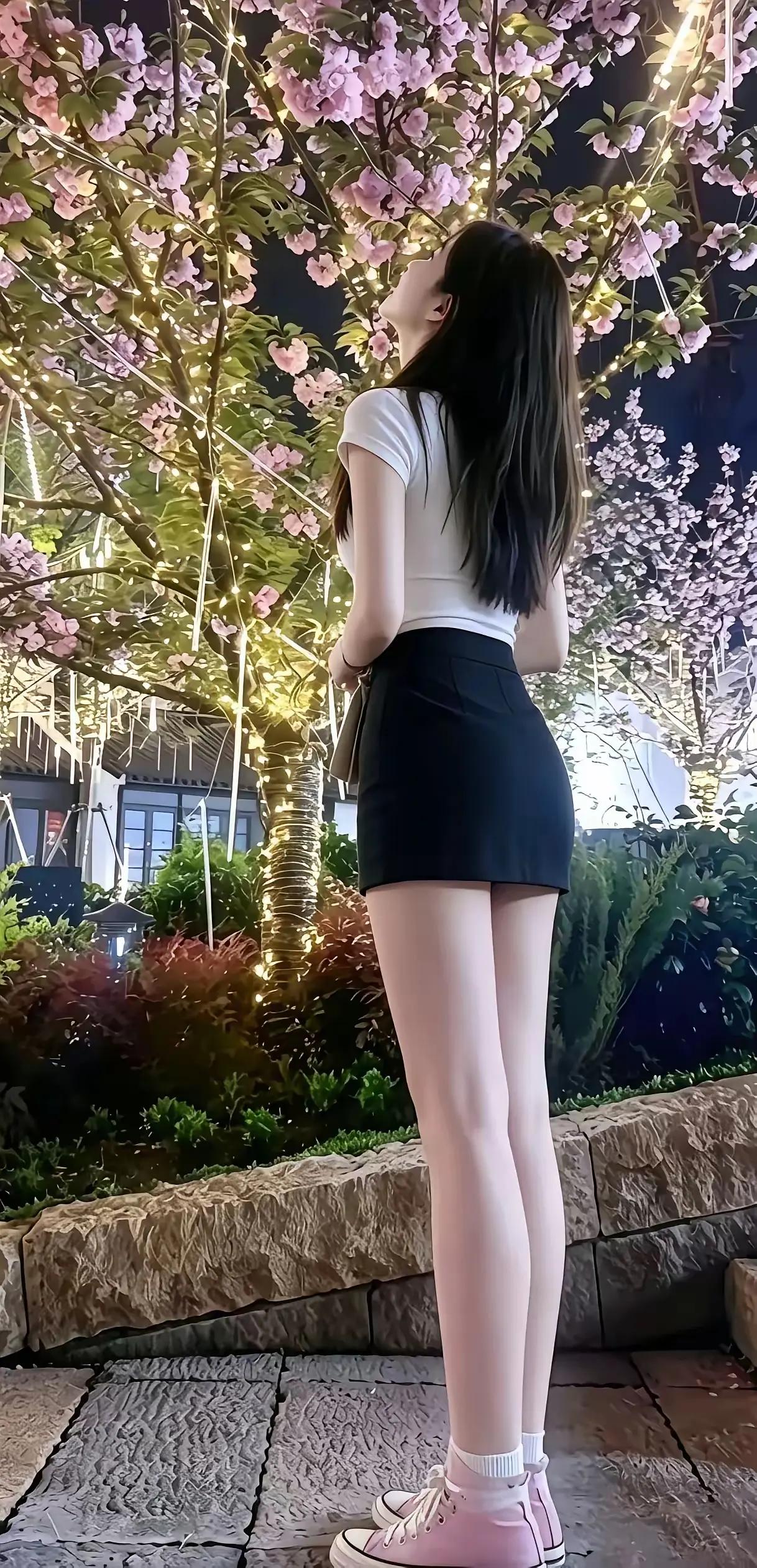 女孩站在樱花树下，欣赏美景，美腿笔直格外吸睛。