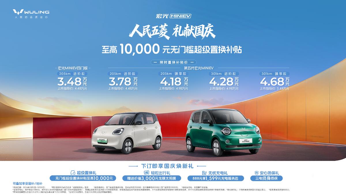 宏光MINIEV10月又搞事情，四门版置换补贴价3.48万，第五代3.78万起