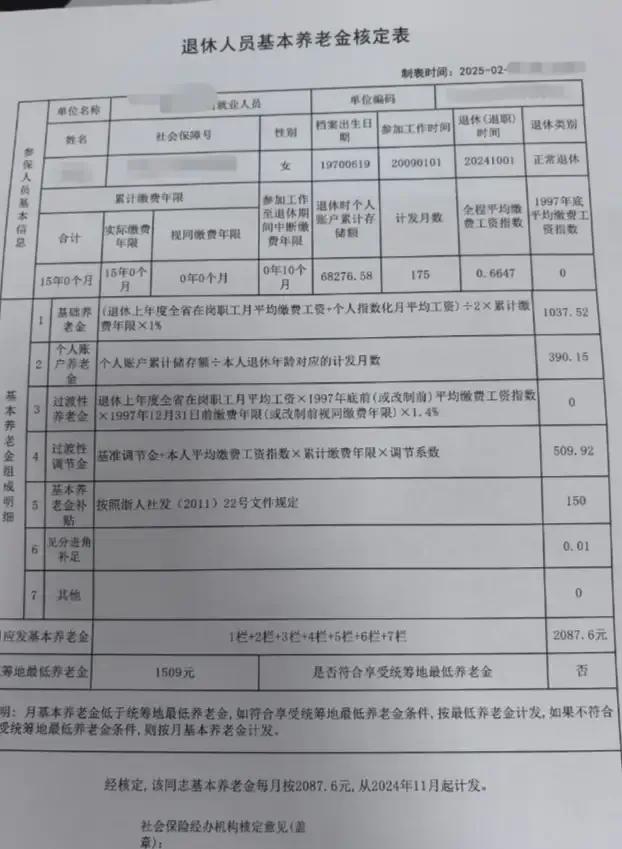 15年缴纳年限55岁退休养老金高不高正常退休个人账户6+万过渡性养老金