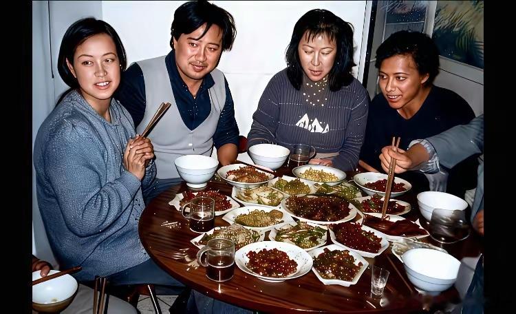 年轻时的刘晓庆与第二任丈夫陈国军回老家过春节与妹妹刘晓虹等人在一起时的一幕！