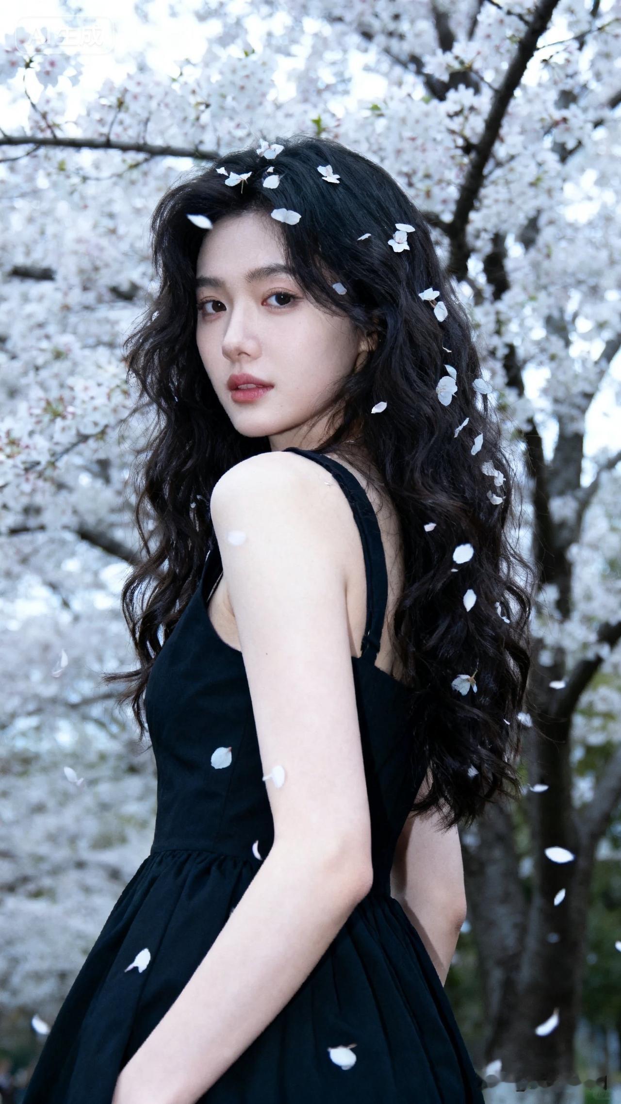 樱花树下，黑裙少女，花瓣飘落。