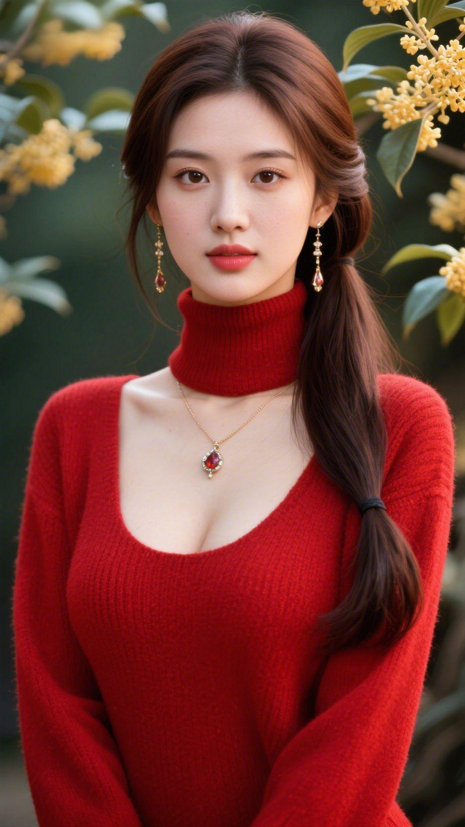 《红衫伴桂秋》风裹着桂子的甜香漫过枝桠，把秋意抖成细碎的金。她立在花影里，