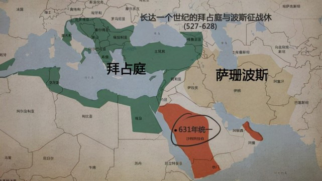 波斯帝国-萨珊王朝和东罗马-拜占庭帝国交战百年，各自元气大伤。沙漠的蛮族阿拉伯人